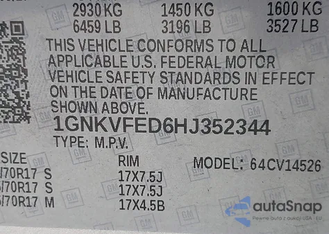 2017 Chevrolet Traverse Ls from USA, damaged, VIN 1GNKVFED6HJ352344